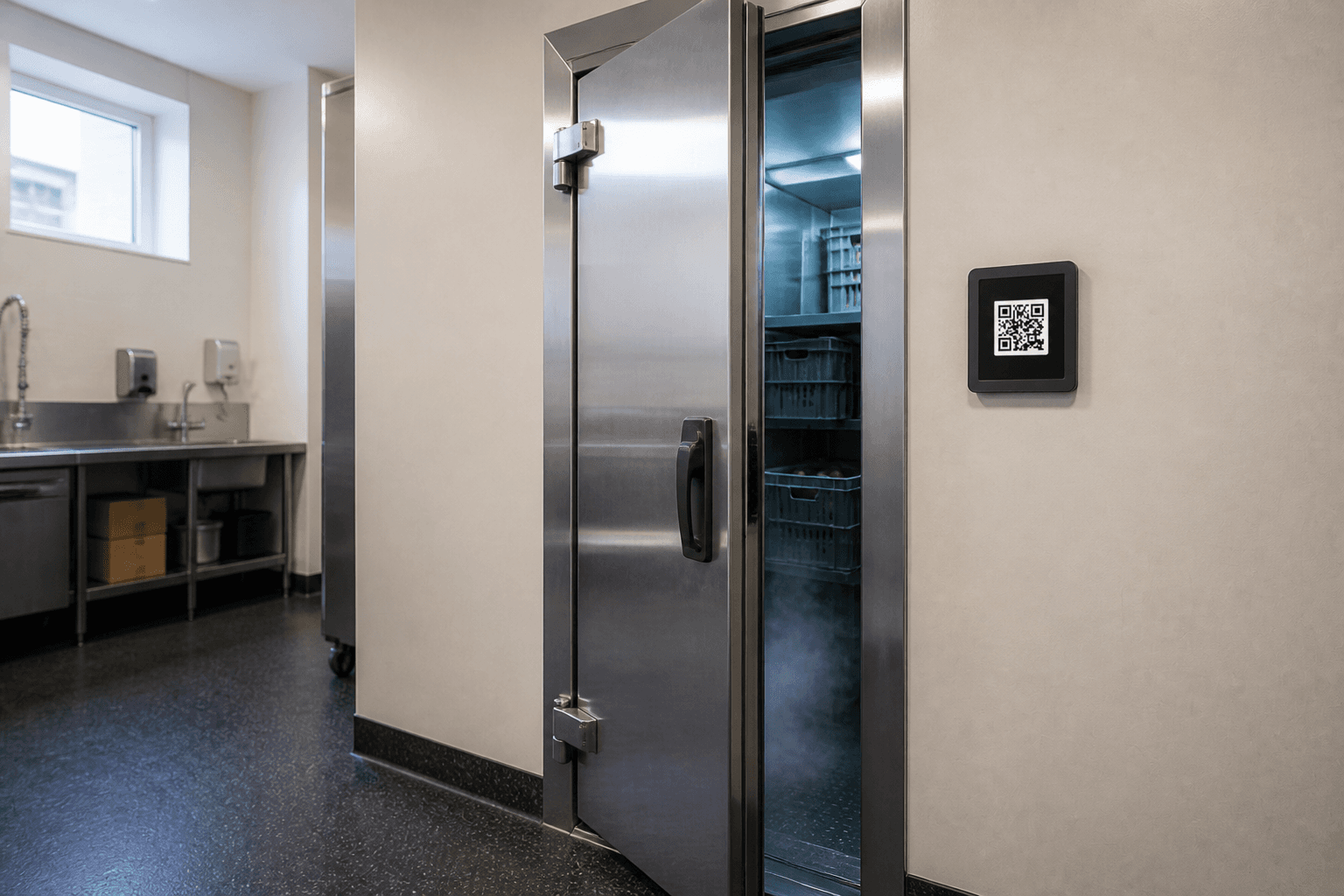 A commercial walk-in fridge, slightly open, with an Anchor Board beside the handle.