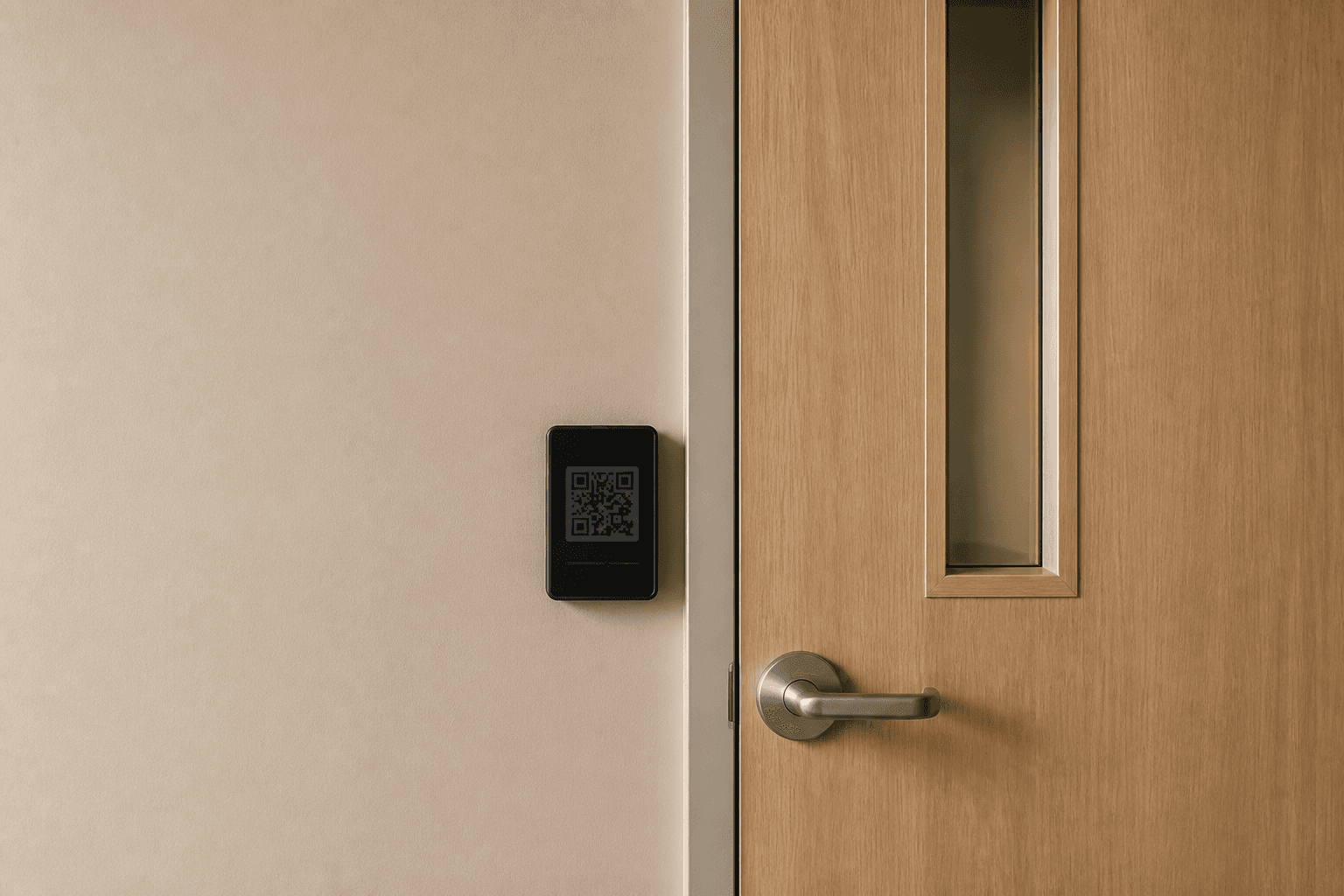 A closed staff door with a Stationed Board mounted beside the handle.
